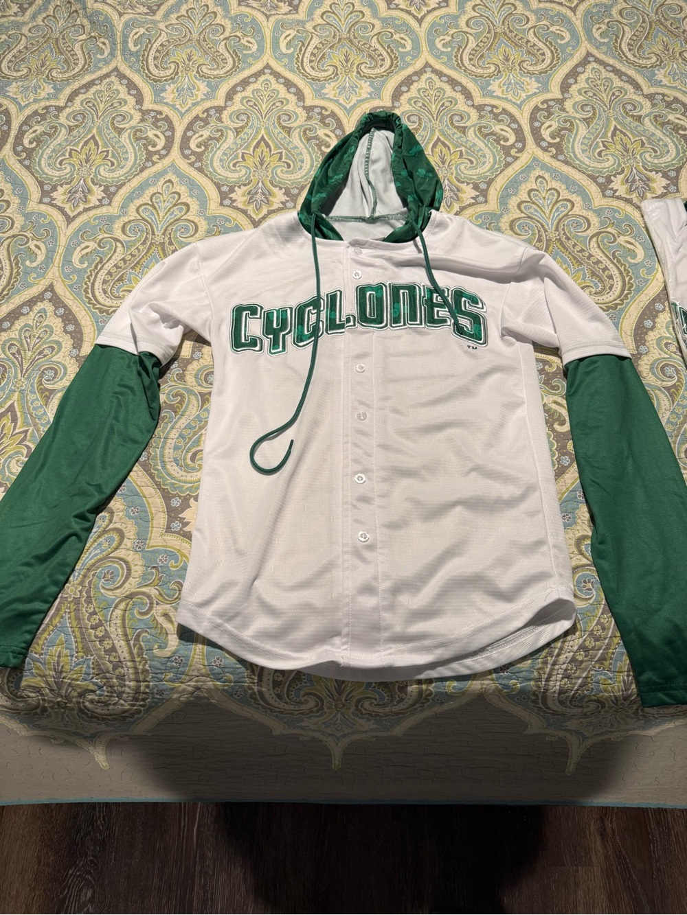 Cyclones Green & White Hooded Baseball Jersey